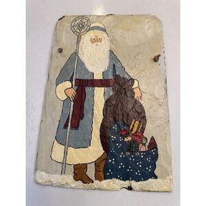 HandPainted Slate  Old World Santa Blue Robe Staff Toy Bag Large 16x10.5"